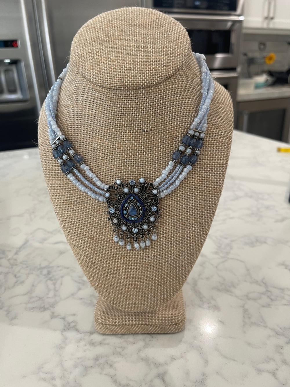 Vintage-Inspired light blue Beaded Necklace with Ornate Silver Pendant